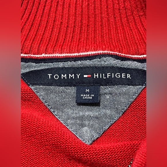 Vintage Tommy Hilfiger Sweater Mens Medium Red & Blue Striped 1/4 Zip Pullover - Picture 2 of 8